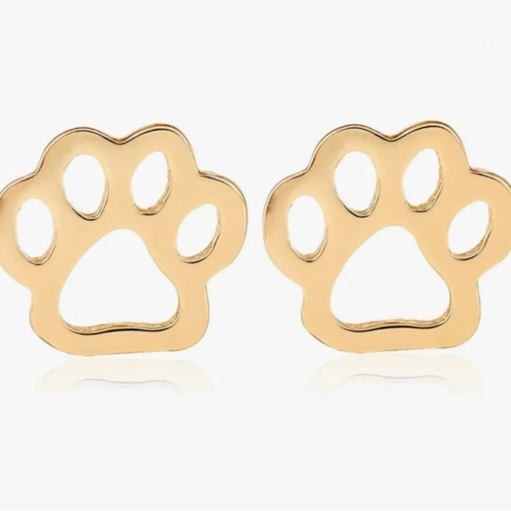 Paw Print Cut Out Stainless Steel Fashion Stud Earrings, GOLD